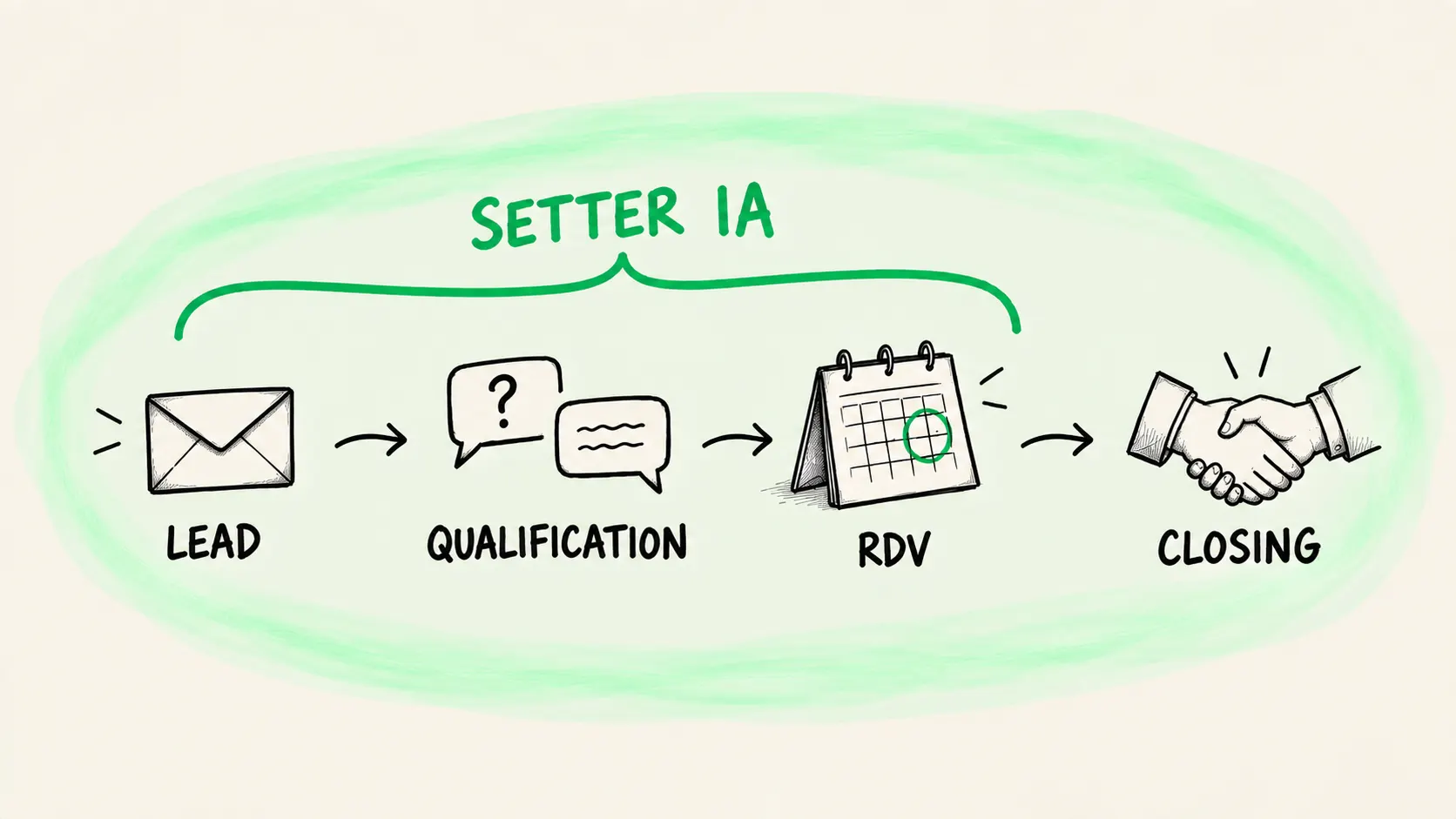 Schéma du cycle commercial montrant où intervient le setter IA : réception du lead, qualification WhatsApp, prise de rendez-vous, puis passation au closer humain